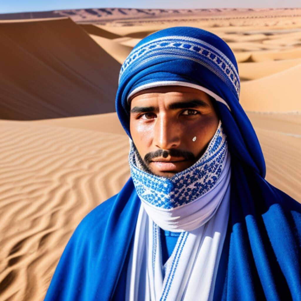 Homme avec turban bleu dans le désert.