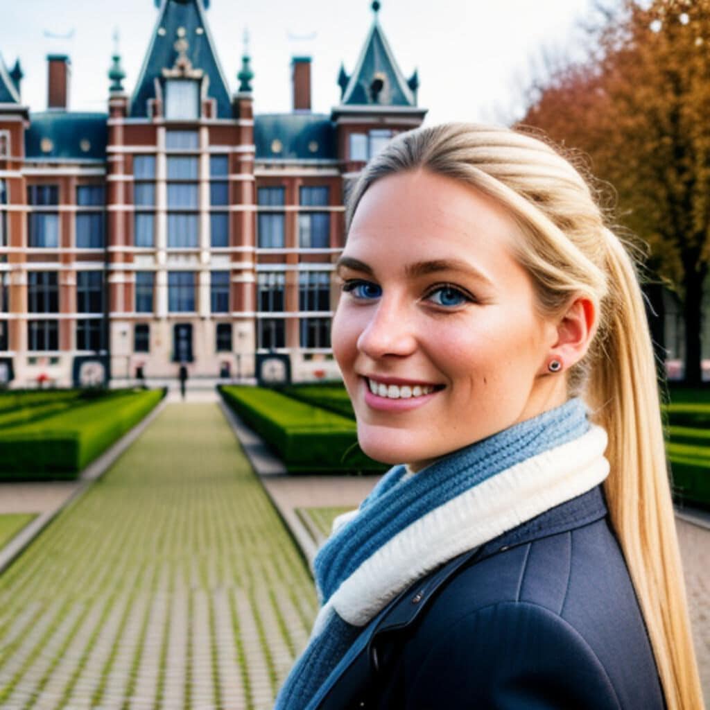 Femme souriante devant un palais européen classique.
