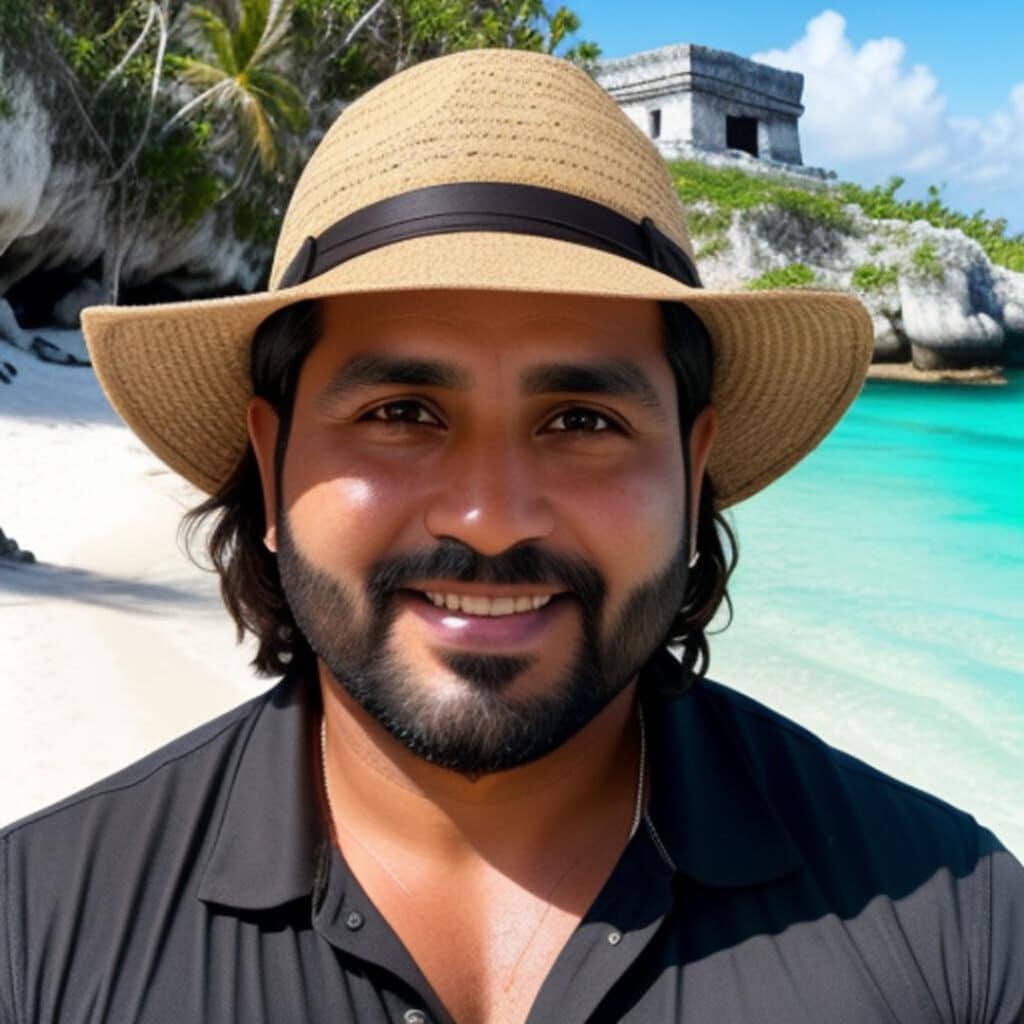 Homme souriant chapeau plage tropicale historique