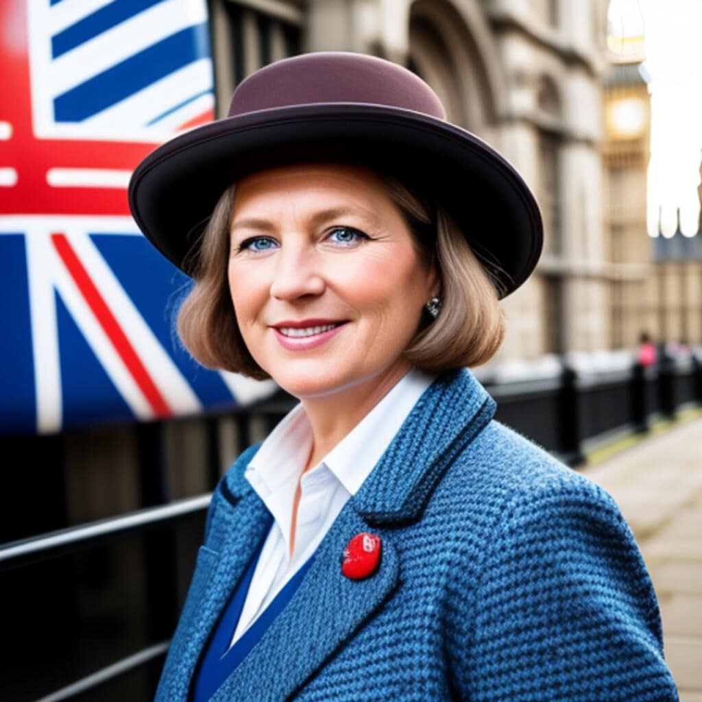 Femme élégante devant drapeau britannique.