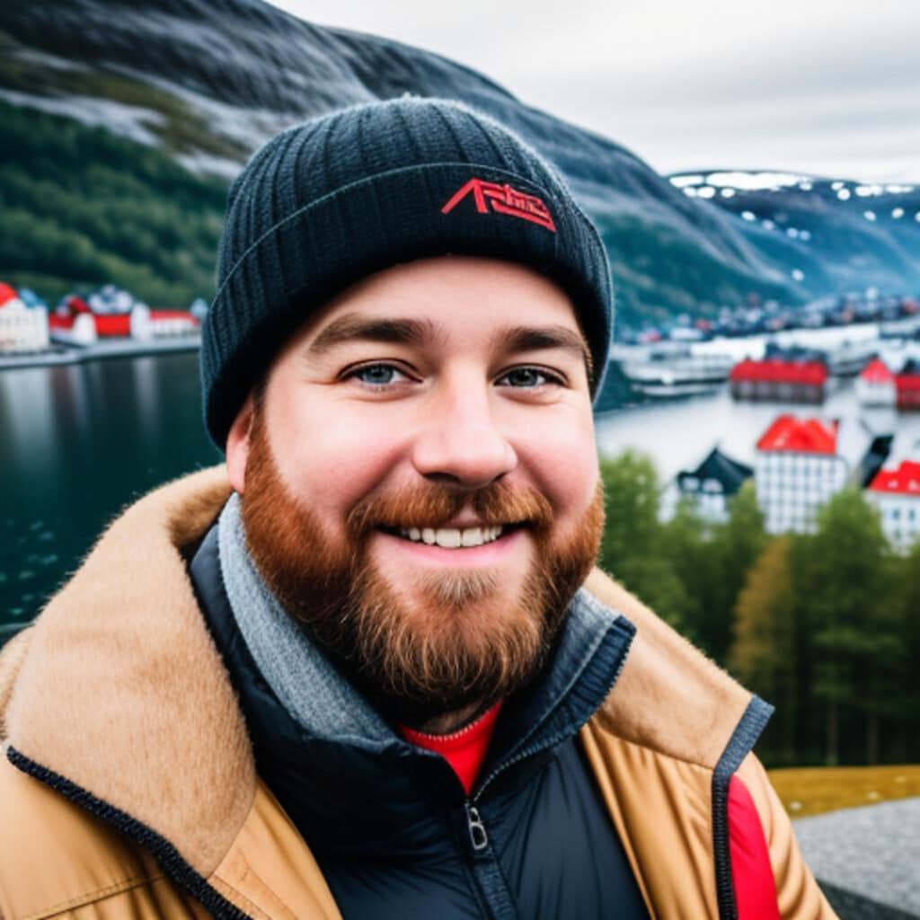 Homme souriant devant un paysage norvégien.
