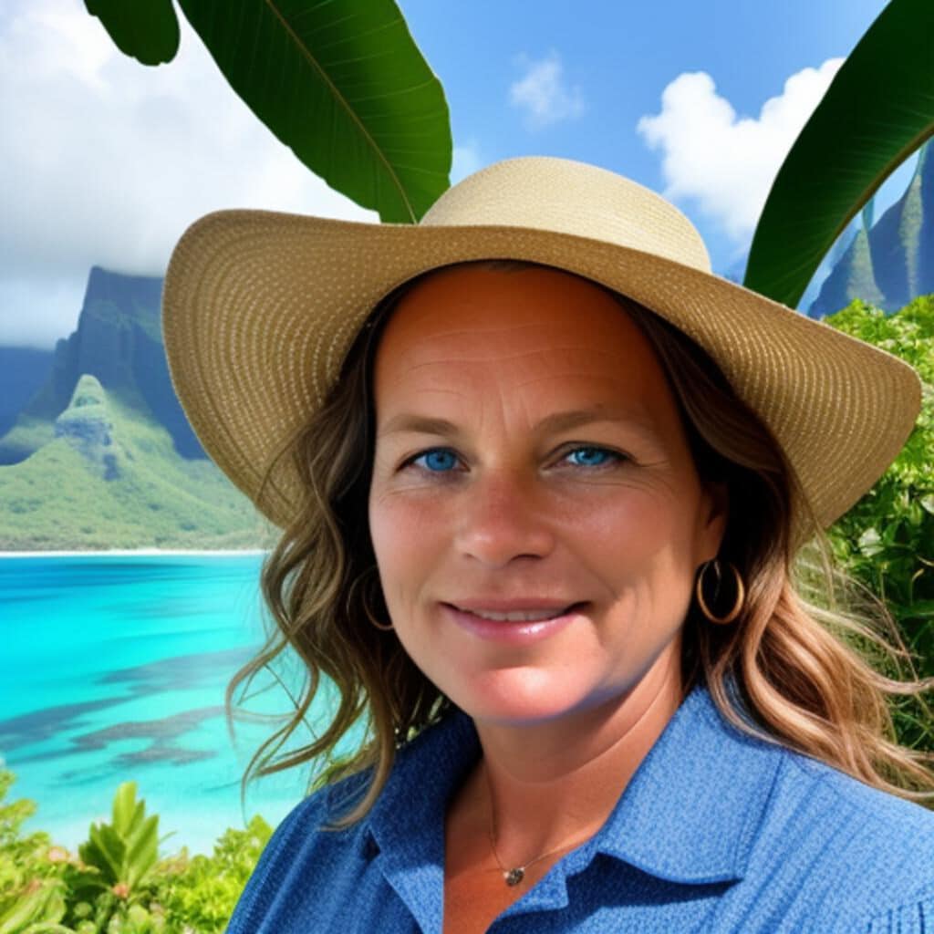Femme souriante, chapeau, paysage tropical en arrière-plan.