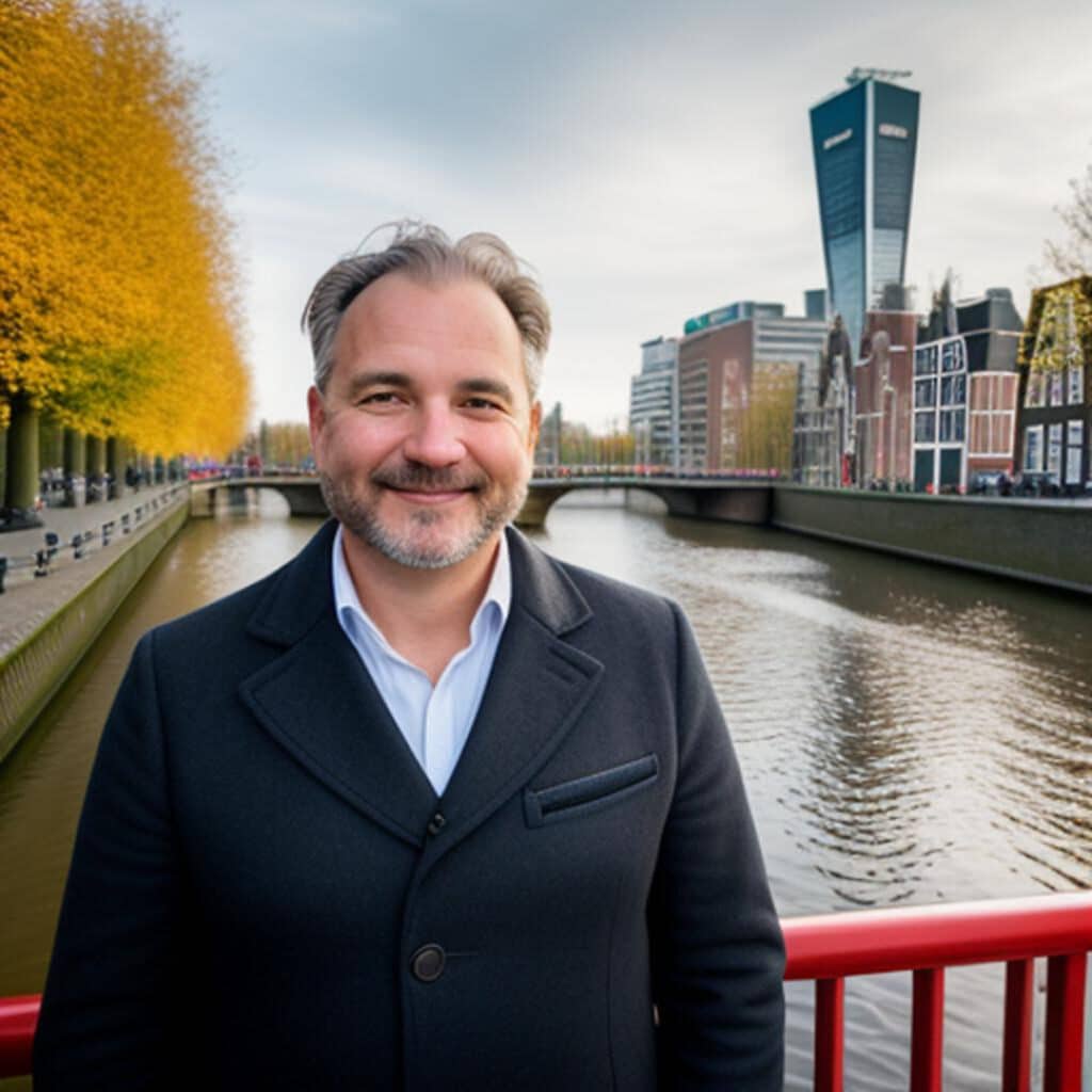 Homme souriant sur un pont à Amsterdam.