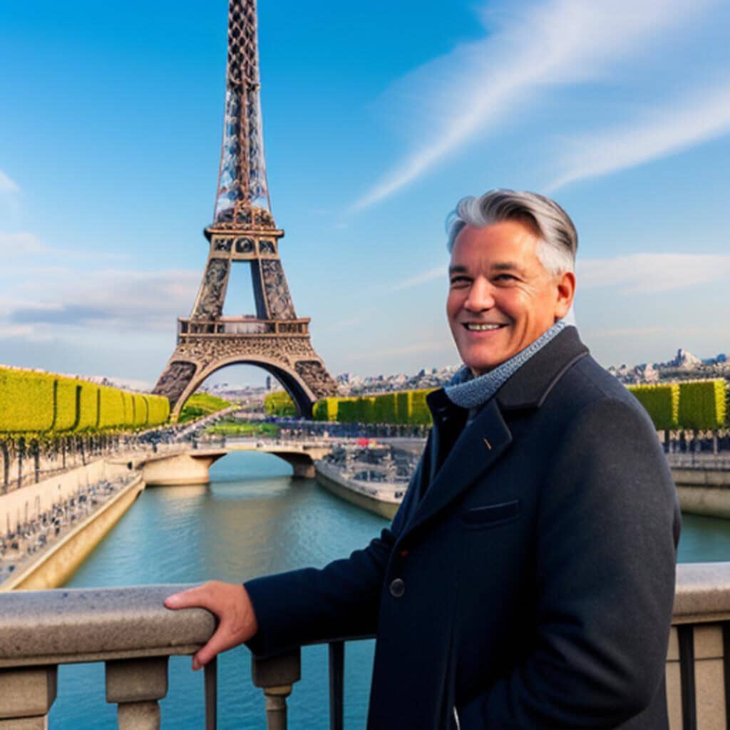 Homme souriant devant la Tour Eiffel à Paris.
