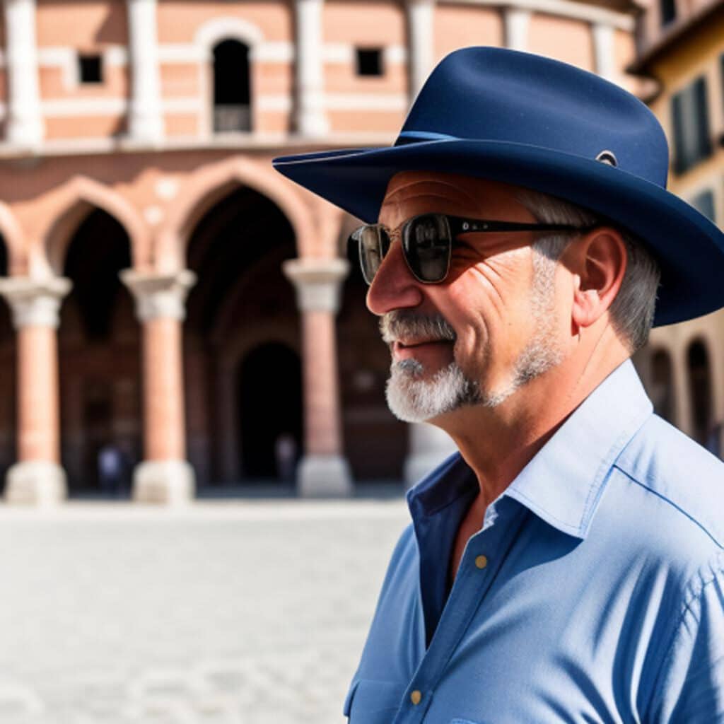 Homme souriant en chapeau devant architecture historique.