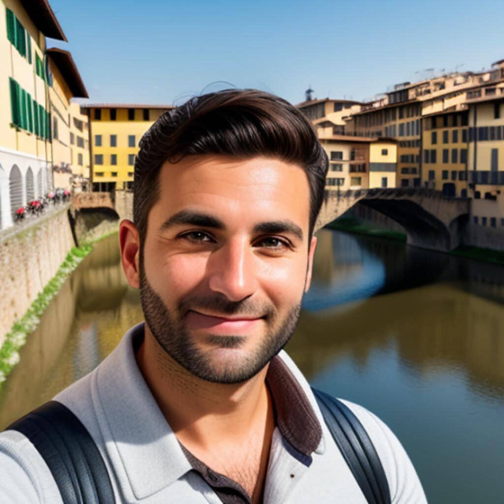 Homme souriant devant le Ponte Vecchio à Florence.