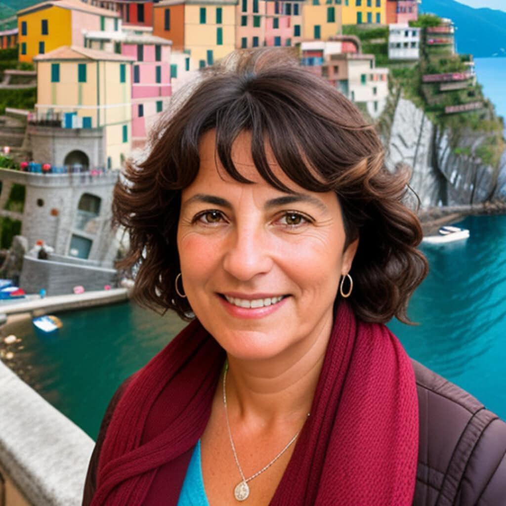 Femme souriante devant village coloré côtier en Italie.