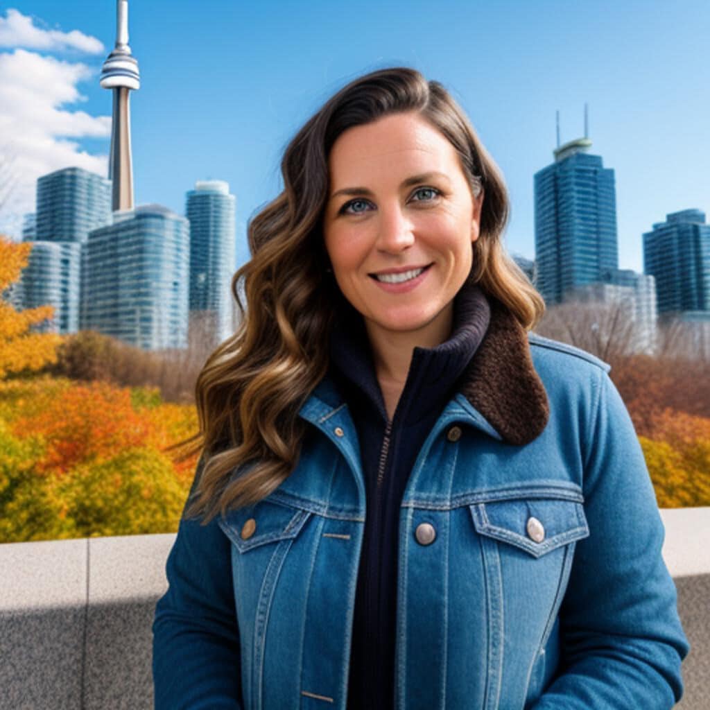 Femme souriante devant la Tour CN, Toronto.