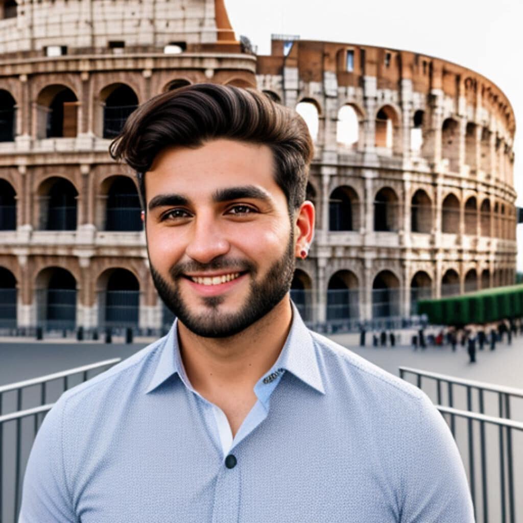 Homme souriant devant le Colisée à Rome.