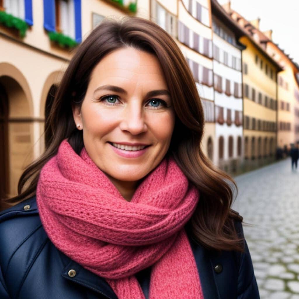 Femme souriante avec écharpe rose en ville.