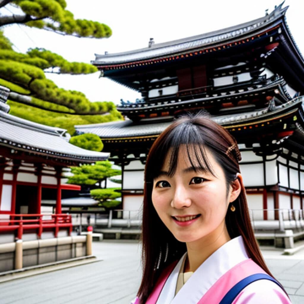 Femme souriante devant temple japonais traditionnel.